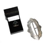 A bag of costume jewellery, a silver buckle and a a silver butterfly wings ring