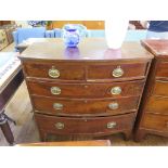 An early Victorian bowfront mahogany chest of drawers, with two short and three long graduated