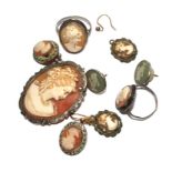 Two cameo rings, three pairs of earrings and a cameo brooch