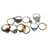 A collection of 10 gem set silver rings