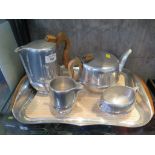 A five piece Picquot ware tea service including tray 42cm long
