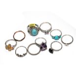 A collection of 10 gem set silver rings