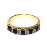 An 18 carat gold half eternity ring of square sapphires and round diamonds