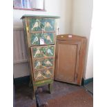 A narrow tapering chest of five drawers, painted with birds on branches, 33cm wide, 85cm high and