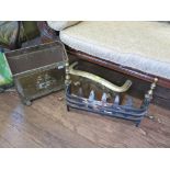 A brass fire fender, magazine rack and various other brasswares