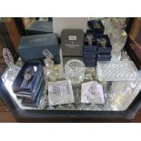 A pair of Marquis by Waterford decanter stoppers, a Waterford crystal ashtray, three Towle glass