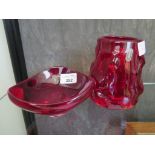 A Whitefriars glass triform dish in ruby red 14cm wide, labelled, and a Whitefriars ruby red '