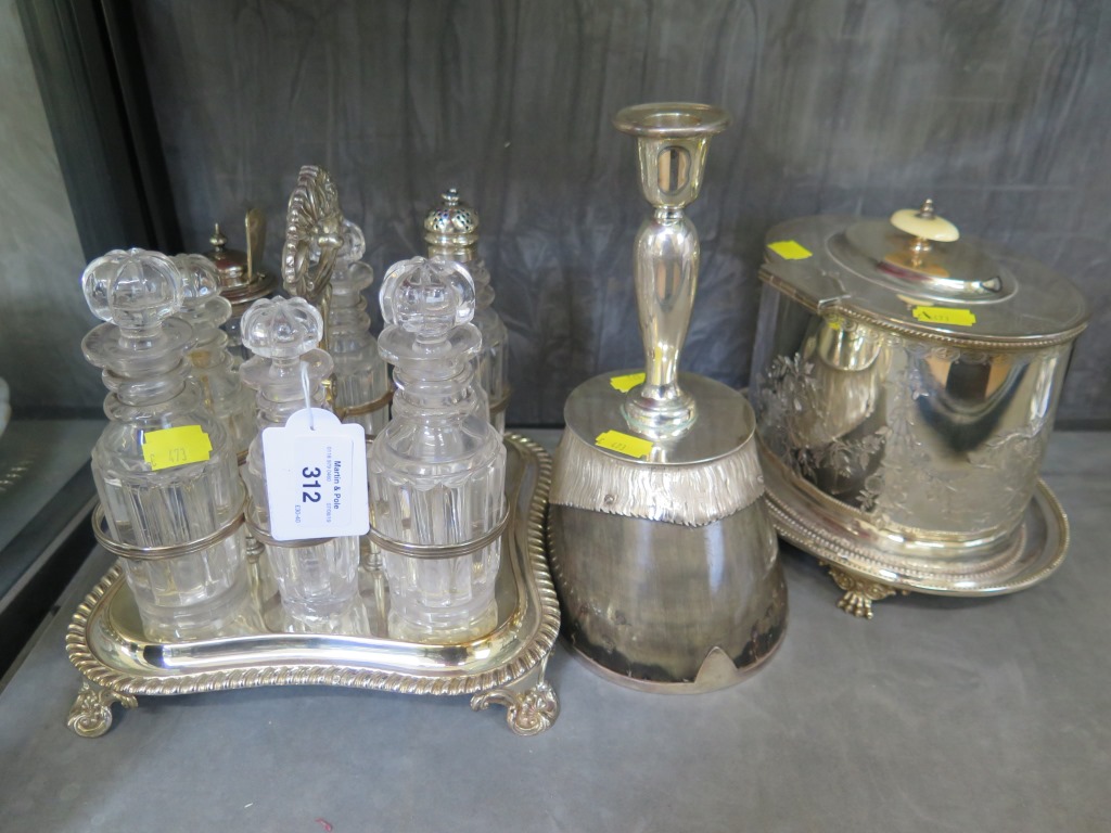 An eight bottle cruet on plated stand, a plated biscuit barrel on stand, and a single candlestick - Image 2 of 2