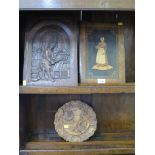 A Tirolean inlaid walnut panel, depicting a lady holding a basket, 33cm x 23.5cm and two other