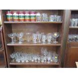 A large collection of drinking glasses, including German rummers, shot glasses, champagne bowls,