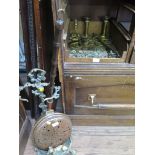 A cast brass umbrella stand, depicting a hunting scene, a copper warming pan and various horse