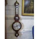 A 19th century rosewood barometer, with hygrometer, thermometer, convex mirror and silvered dial,