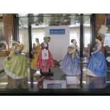 Royal Doulton Figures: Adrienne HN2304, Helen HN3601, Priscilla HN1340 (cracked) Elizabeth HN4426,