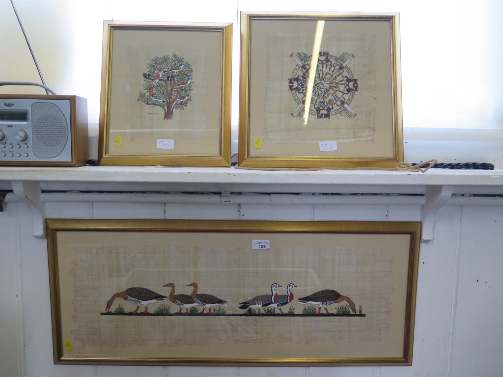 Three Egyptian paintings on papyrus, one signed Jasmeen 21cm x 18cm (3)