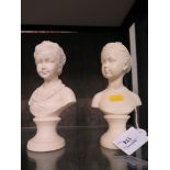 A pair of Italian Neo-Classical alabaster marble effect busts of an Italian boy and a Parisian girl,