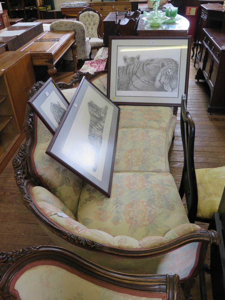 A French style three seat button back settee, with floral carving and cabriole legs, 195cm wide, and - Image 2 of 2