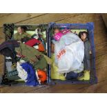 Three Action Man figures, with various uniforms and accessories, a Sindy Doll and other accessories