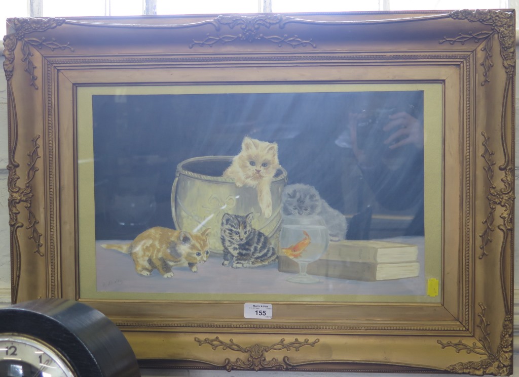 A Shirley Kittens watching a goldfish in a glass Oil on board, signed 27cm x 45cm