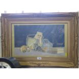 A Shirley Kittens watching a goldfish in a glass Oil on board, signed 27cm x 45cm