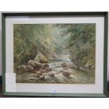 Henry Earp Senior (1831 - 1914) River falls with fisherman beyond Watercolour, signed 55cm x 74cm
