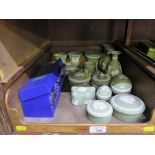 Various Wedgwood green jasperware trinket boxes, vases and cup and saucer and a boxed Crown