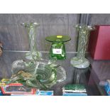 A pair of glass vases with a green glass trail design all round together with a bowl and green