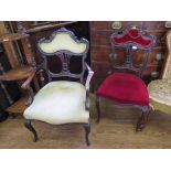 A late 19th century French style mahogany salon armchair, with padded back and pierced splat, open