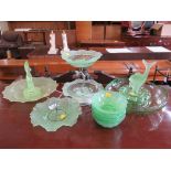 Various 1930s green glass tableware, including a two tier cakestand, flower bowl, other bowls and