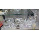 A lead crystal cakestand, a pair of cut glass decanters, salad servers and various jars