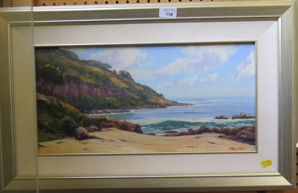 Kerry Nobbs Bunker Bay Oil on canvas mounted on board, Signed, inscribed on the reverse 25cm x 50cm