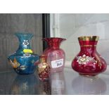 Three Bohemian/ Czech glass vases with colourful enamel birds and floral decoration and a small