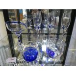 An Art Glass clear and blue cup-shaped bowl on stem 18cm, three tall ovoid-bowl wine glasses,