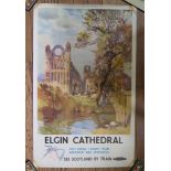 A British Railways poster for Elgin Cathedral, after Jack Merriott, depicting the ruined