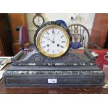 A Victorian slate and green marble mantel clock, with enamel dial, scroll supports and twin train