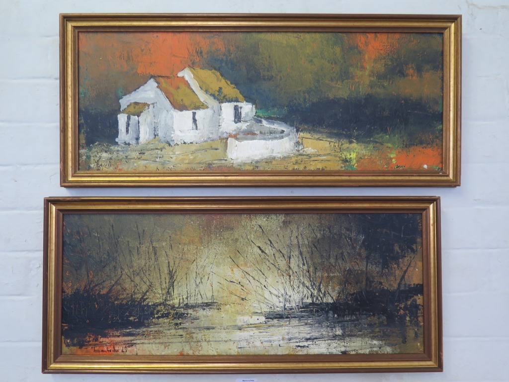 Bentioli (1960s) Abstract rushes by a river and white cottages - a pair Oil on board, one signed and