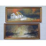 Bentioli (1960s) Abstract rushes by a river and white cottages - a pair Oil on board, one signed and