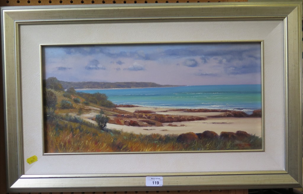 Kerry Nobbs Eagle Bay Oil on canvas mounted on board, Signed, inscribed on the reverse 25cm x 50cm