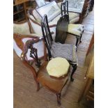 A pair of Queen Anne style black lacquer and chinoserie bedroom chairs, a similar folding table, a