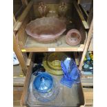 Various pink, blue and amber glass wares of the 1920s, three biscuit barrels and a 'Pekin' design