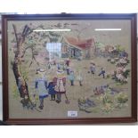 An embroidery picture depicting children at school playtime, 33.5cm x 44.5cm
