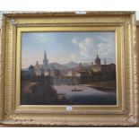 19th century Italian School River townscape with bridge, boats and mountains beyond Relined oil on