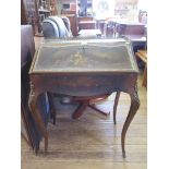 A French style painted bureau, with gilt metal mounts, depicting figures and landscapes, on cabriole