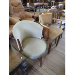 A 1920s satinwood veneer open armchair with curved upholstered back and seat, and an upholstered tub