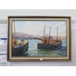 •Nancy Bailey (1913 - 2012) Fishing Boats off Flushing, Cornwall Oil on canvas, signed and inscribed