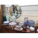 Two oriental table lamps, a Chinese tea bowl and various other Japanese and Chinese bowls, vases and