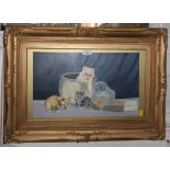 A Shirley Kittens watching a goldfish in a glass Oil on board, signed 27cm x 45cm