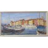 Harbour at St Tropez Oil on canvas Indistinctly signed and dated '74 49cm x 99cm