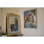 Two abstract unsigned prints 54cm x 39cm Together with After Myles Birket Foster A countryside scene
