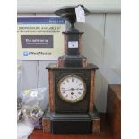 A Victorian slate and red marble mantel clock timepiece and a garniture, single train movement