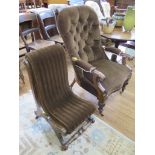 A late Victorian buttonback armchair, with shaped seat and turned tapering legs on brass castors,